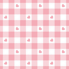 Gingham check plaid pattern with love hearts for Valentine's Day. Seamless pink and white vichy tartan for dress, skirt, jacket, scarf, pyjamas, other modern spring summer autumn winter fabric print. - 560466651