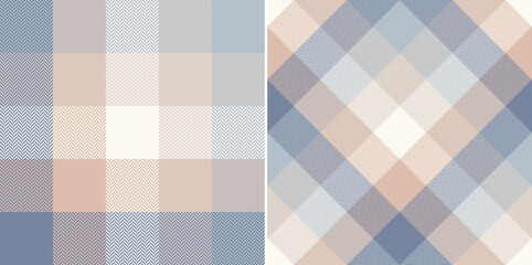 Abstract plaid pattern in soft cashmere beige, blue, pink for spring autumn winter. Seamless herringbone tartan check set for scarf, blanket, flannel shirt, poncho, throw, other fashion textile print.