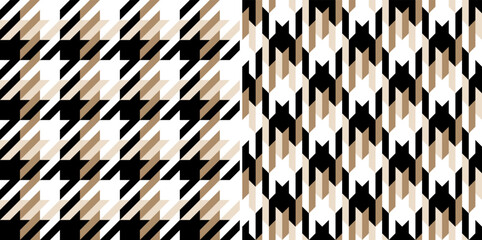Check plaid pattern tweed in beige, black, white for spring autumn winter. Seamless asymmetric neutral houndstooth tartan vector set for dress, jacket, coat, scarf, other fashion fabric design.