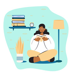 Woman reading book with pile of books. Student preparing to exam isolated on white background. Distance studying, learning and self education concept. Flat cartoon style vector illustration.