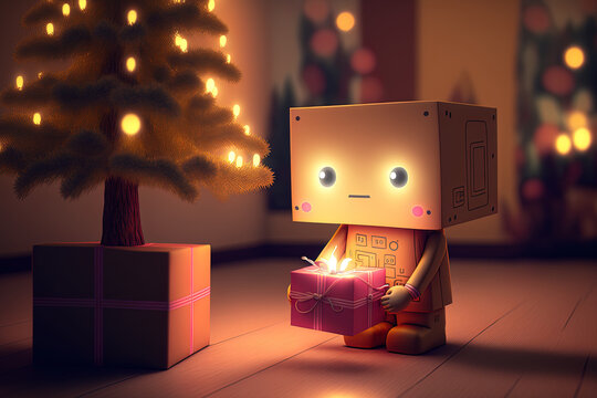 Illustration of Danbo holding a pink blossom of light while waiting under the Christmas tree. Generative AI