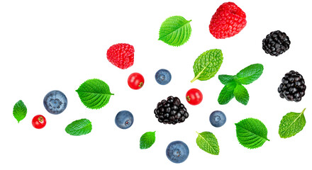 Fresh berries mix isolated on white background, top view. Summer berry fruits collection. Pattern. Strawberry, Raspberry leaf, Blueberry and Mint leaves, flat lay..