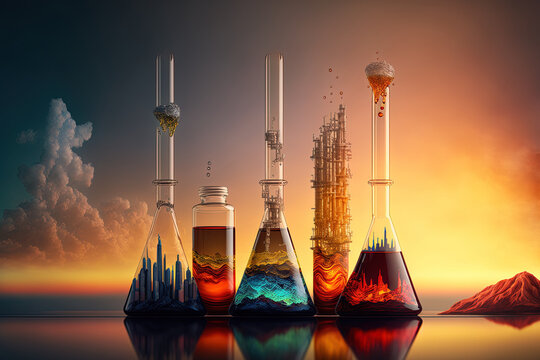 Dropping of oil, mixing of chemical reagents, science experiments in the lab, creating a chemical for use in medical research, and the idea of quality control in petroleum sector products. Generative