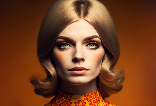 1060s Vintage Fashion Portrait. Caucasian Woman With Retro 60's Style. Generative Ai