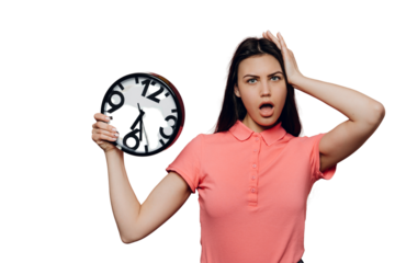 Shocked young brunette woman girl in pink t-shirt posing isolated on transparent background. People sincere emotions lifestyle concept. Mock up copy space. Holding clock, putting hand on head.