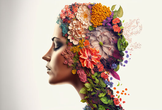 Side profile of a beautiful woman double exposure with spring flowing flowers. Generative ai