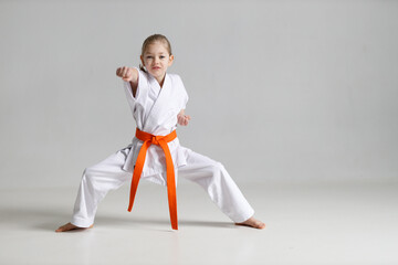 Position for defense in karate, training of a little girl in a kimono on a white background. © Andrii Zastrozhnov