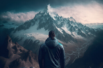 Man gazing toward the French mountains near Chamonix dated cinematography. Generative AI