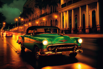 Vibrant illustration of American vintage car driving in Havana, Cuba at night. Colorful exotic retro Havana's streets make a magnigicent magical cityscape.	
 - obrazy, fototapety, plakaty