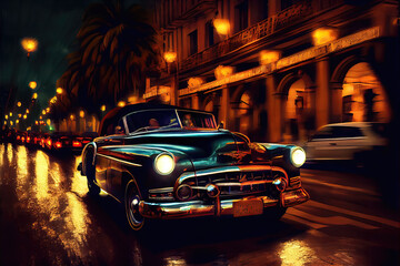 Vibrant illustration of American vintage car driving in Havana, Cuba at night. Colorful exotic retro Havana's streets make a magnigicent magical cityscape.	
 - obrazy, fototapety, plakaty
