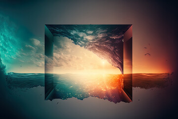 design template with sunset skylight and underwater portion divided by waterline. Generative AI