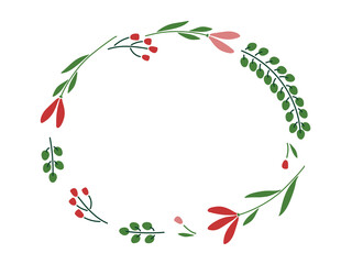 Naklejka premium Flower wreath. Ellipse red green plant frame. Vector flat Illustration. Natural Wreath isolated on white background For save date, inscriptions For birthday, wedding, Valentines day celebrations.