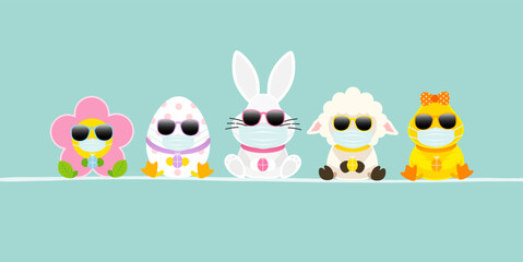 Banner Weißer Osterhase & Freunde Mit Ente Maske Türkis