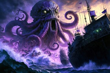 A giant purple octopus kraken monster attacking a ship in the ocean, generative ai