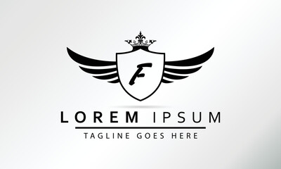 Stylish Black Shield With Wings, Crown And Initial Letter F Isolated On White Background. Luxury Logo Business Vector Template. Modern Design Logotype, Emblem