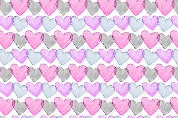 Vector Gradient Mesh Watercolor Drawing Multi Colors Overlapping Heart Shapes Seamless Pattern in Pastel Pink and blue.