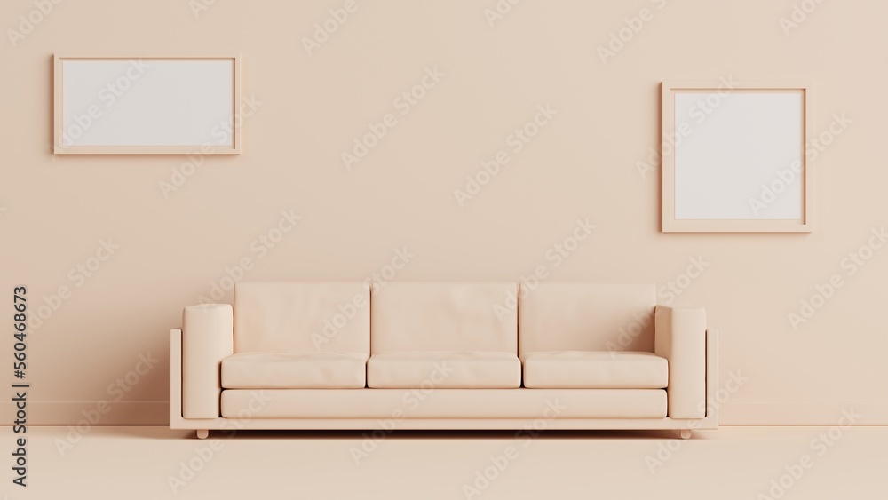 Poster 3d rendering simple monochrome room with couch and frame picture on the wall for web presentation or