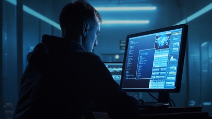 Fototapeta premium Computer Hacker in Hoodie. Obscured Dark Face. Concept of Hacker Attack, Virus Infected Software, Dark Web and Cyber Security.