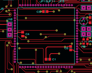 A microcontroller on a printed circuit board.
Vector assembly drawing. Placement of components,
conductors and transition holes on the board.