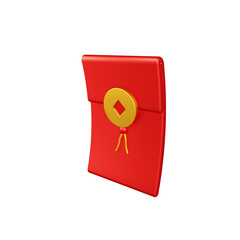 3d Chinese new year money elements and red envelopes. Chinese New Year objects isolated on yellow background. Decorations for the Chinese New Year. Realistic 3d design illustration