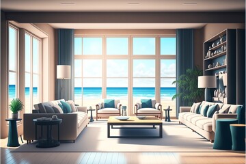 An expansive summer beach house with furniture has a living room with a view of the ocean. inside a vacation home or villa