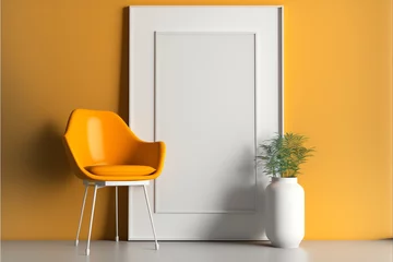 Fotobehang Móveis em tons quentes em uma casa moderna minimalista, uma maquete de moldura de madeira vertical vazia sem espaço para cópia e um interior renderizado em 3D © DurffeeMill
