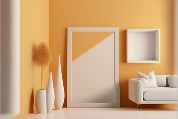 Des teintes de meubles chaleureuses dans une maison moderne minimaliste, une maquette de cadre photo en bois vertical vide sans espace de copie et un intérieur rendu en 3D