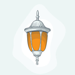 White lantern with yellow light in hand drawn design for ramadan or eid template design