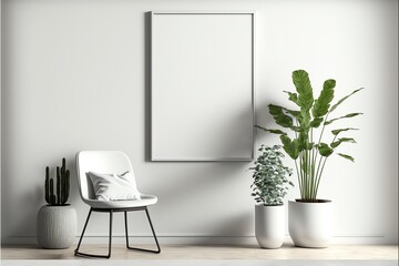 Mock up Stile contemporaneo, rendering 3D, illustrazione 3D, cornice in legno con immagine verticale vuota, spazio vuoto per la copia, sfondo moderno della parete interna, spazio interno, soggiorno