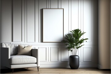 mock up Espaço de cópia vazio em um fundo de parede interior contemporâneo, espaço interior, sala de estar e uma moldura vertical em branco feita de madeira.