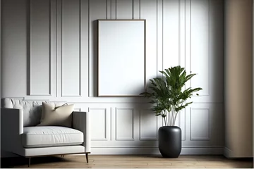Fotobehang mock up Espaço de cópia vazio em um fundo de parede interior contemporâneo, espaço interior, sala de estar e uma moldura vertical em branco feita de madeira. © DurffeeMill