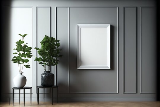 maqueta Espacio de copia vacío en un fondo de pared interior contemporáneo, espacio interior, sala de estar y un marco de imagen vertical en blanco hecho de madera.