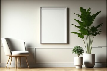 Obraz na płótnie Canvas a mockup Modern interior wall background, interior space, living room, contemporary style, blank vertical picture wood frame, empty copy space, 3D render, 3D illustration