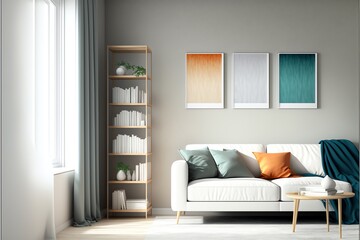 Buena iluminación, una sala de estar moderna y minimalista con cuadros, una maqueta de marco de madera, un espacio de copia vacío y una presentación en 3D