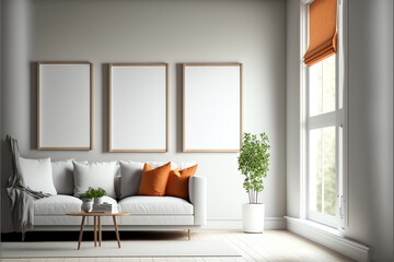 Fototapeta premium Good lighting, a minimalist modern living room with pictures, a wooden frame mockup, empty copy space, and a 3D render