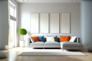 Good lighting, a minimalist modern living room with pictures, a wooden frame mockup, empty copy space, and a 3D render
