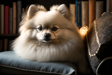 A cute small white Pomeranian puppy dog sitting on a pillow in front of a book shelf with books and a light shining behind it. Generative AI.