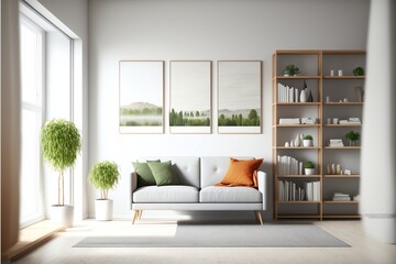 simple lines, neutral hues, and minimal furnishings in a photorealistic living room with three empty white canvases hanging on the wall.