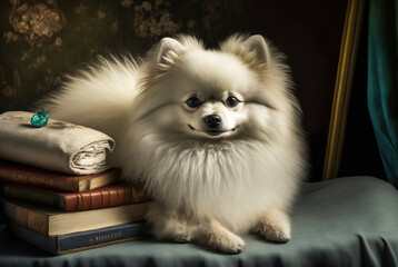 A cute small white Pomeranian puppy dog sitting on a couch next to a stack of books with a ring on top of it. Generative AI