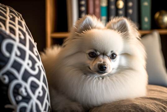 A cute small white Pomeranian puppy dog laying on a couch beside pillows with a bookcase in the background. Generative AI.