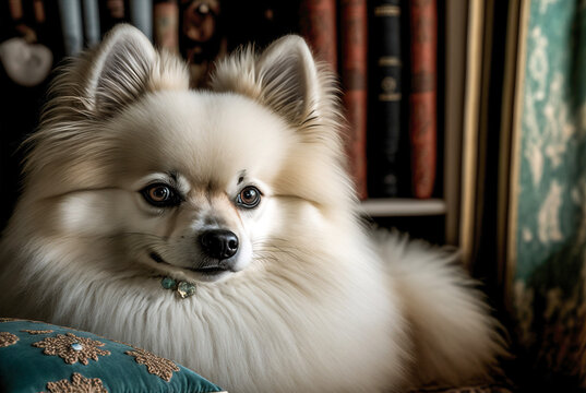 A cute small white Pomeranian puppy dog sitting on a couch with a pillow in front of it and a bookcase behind it with books. Generative AI.