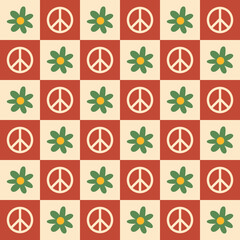 Checkerboard seamless pattern with flowers and peace symbols. Trendy vector background in retro style 60s, 70s.