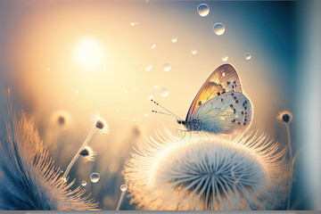 Natural pastel background. Morpho butterfly and dandelion. Seeds of a dandelion flower in droplets of dew on a background of sunrise. Soft focus. Copy spaces. Generative AI