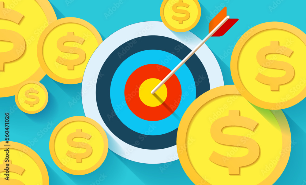 Poster bullseye business conpept. arrow in the center target. make money. vector design element for you pro