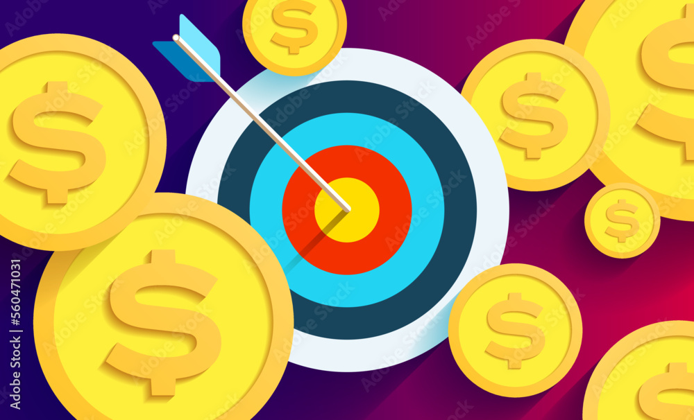 Poster bullseye business conpept. arrow in the center target. make money. vector design element for you pro