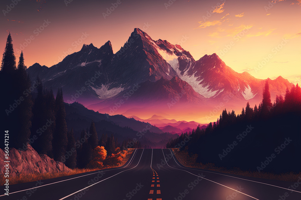 Poster sunset view of a mountain range and asphalt road. generative ai