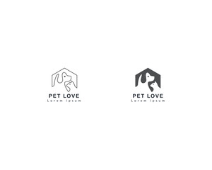 Dog and cat house home logo design template, pet love logo design suitable for pet shop, store, cafe, business, hotel, veterinary clinic, Domestic animal vector illustration logotype, sign, symbol.