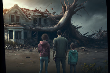 Family in front of their destroyed house after storm illustrating climate change created with Generative AI