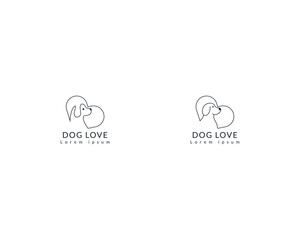 Dog love logo design template with heart, Dog house logo design suitable for pet shop, store, cafe, business, hotel, veterinary clinic, Domestic animal vector illustration logotype, sign, symbol.