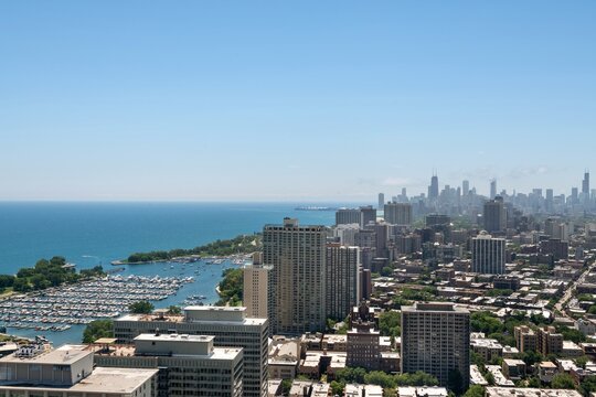 Aerial Image Of Chicago Skyline. View From The North Shore With Belmont Harbor And Lake Michigan.